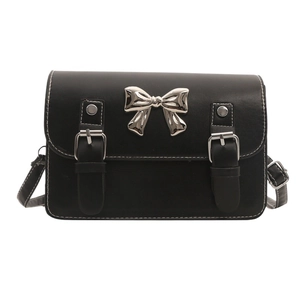 Classic black leather bow satchel with white contrast stitching and silver hardware