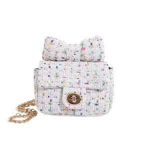 Mini white tweed crossbody bag with bow detail and gold chain strap for women