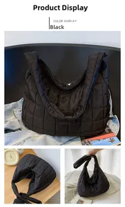Detail view of black quilted hobo tote bag featuring waterproof nylon and wide strap