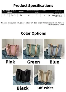 Detailed size specifications for women's large tote bag in five color variants