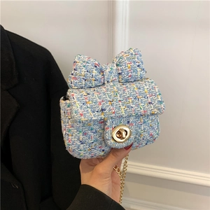 Women Sweet Tweed Crossbody Bag With Bow Decoration Golden Chain Small Square Shoulder Bag Lady Elegant Fashion Handbag