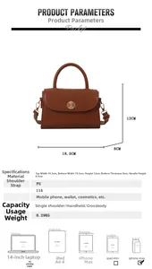 Brown PU leather bag size guide showing 18.5cm width and detailed dimensions