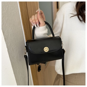 Detail of a minimalist black handbag with a distinctive round gold metal twist lock