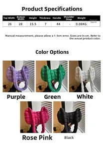 Size chart showing dimensions and colors for the quilted cloud underarm dumpling bag