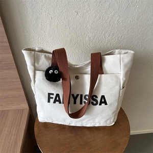 Women Canvas Tote Bag Large Capacity Letter Print Casual Shoulder Handbag Commuter Simple Style