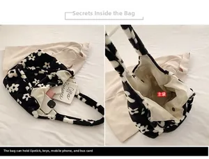 Internal view of the floral plush tote bag showing large capacity and magnetic closure