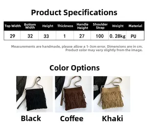 Detailed size chart for retro fringe tote bag with dimensions for straps and PU material