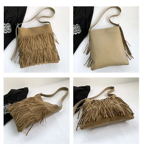 Detailed views of light brown suede tote bag featuring multi-layer fringe tassels
