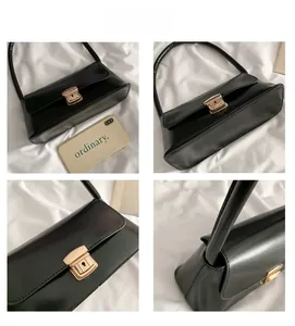 Vues détaillées d'un sac d'épaule en cuir verni noir avec boucle dorée au design épuré