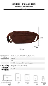 Detail view of brown corduroy waist bag showing dimensions 33.5x16x9cm and 0.1kg weight