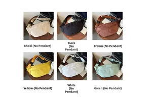 Detailed grid view showing six colors of corduroy waist bags without pendants on a desk