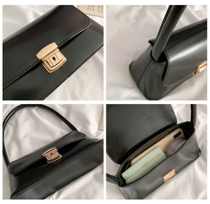 Détails du sac à bandoulière noir avec fermoir doré et espace pour téléphone et maquillage