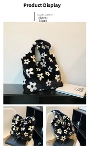Detail view of plush faux fur tote bag featuring white floral patterns on black fabric