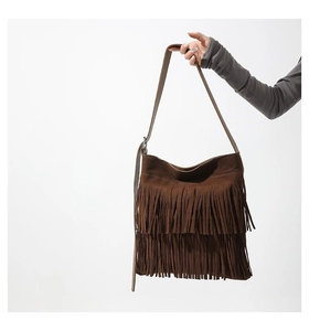 Detail of dark brown faux suede shoulder bag with dual-layer bohemian long fringe tassels