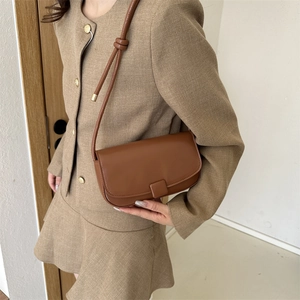 Retro brown leather square crossbody bag with knot shoulder strap detail for women