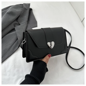 Women Crossbody Bag Fashion PU Leather Silver Heart Buckle Flap Small Square Shoulder Bag Trendy Street Style