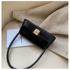 Gros plan d'un sac baguette en cuir noir minimaliste avec une boucle métallique chic