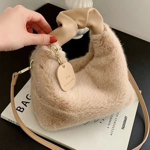 Women Faux Fur Plush Handbag With Ruched PU Leather Handle And Detachable Shoulder Strap Fashion Crossbody Bag
