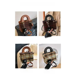 Collage showing four plaid woolen tote bags with leather handles and plush charms