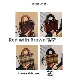 Detail view of retro plaid wool small square bag in four colors with leather handles