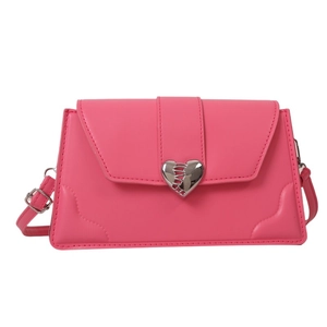 Pink heart-shaped buckle crossbody bag with rectangular flap and fine shoulder strap