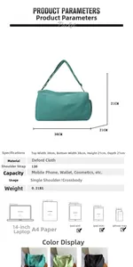 Detailed size chart and large capacity storage view for the green nylon crossbody bag