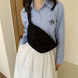 Versatile black corduroy crossbody chest bag for women in a minimalist Japanese style