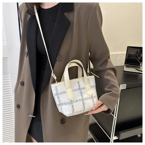 Mini borsa in tweed a quadri blu e bianchi indossata da una modella in ufficio