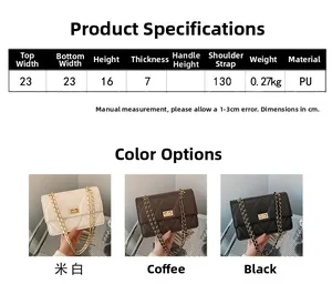 Tableau des tailles pour le sac à bandoulière matelassé avec dimensions et matière PU