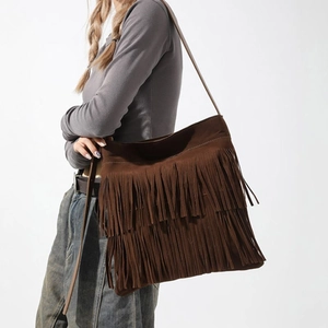Vintage large capacity dark brown faux suede tote bag with double layer long fringe tassels