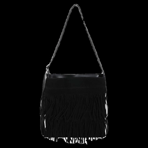 Vintage black faux suede tote bag with long fringe details and adjustable shoulder strap