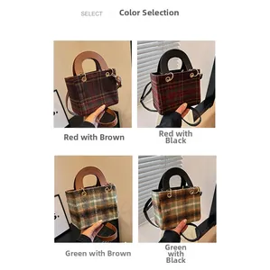 Detail showing wool tweed texture in four plaid color options for small square handbags