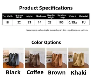 Size chart and dimensions for the retro large capacity PU leather bucket bag with four colors