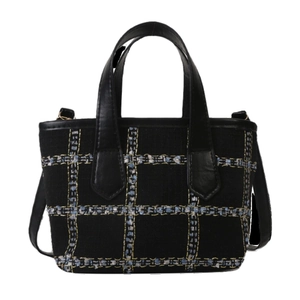 Borsa a tracolla da donna in tela a quadri neri con jacquard dorato e manici superiori