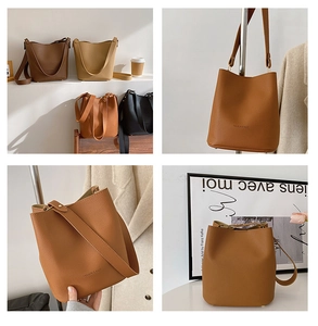 Detail of lychee textured bucket bags in four colors with fashion letter print