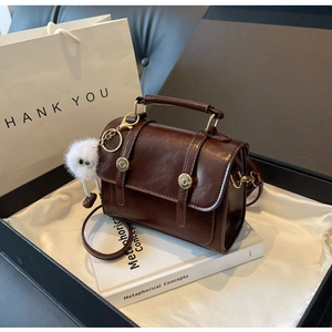 Brown vintage handbag in premium gift box with white satin cloth and plush charm