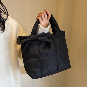 Sac Cabas Rembourré Matelassé Avec Décor De Nœud Sac À Main En Nylon Pour Femmes Décontracté