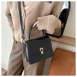 Detail of a black matte leather square bag with gold horseshoe buckle worn by a model
