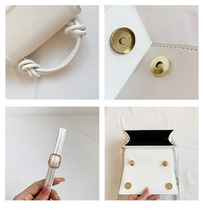Détails du sac à main blanc avec poignée nouée, boucle magnétique et vue intérieure