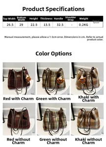 Detailed size chart and color variants of plaid tote bag with teddy bear charm