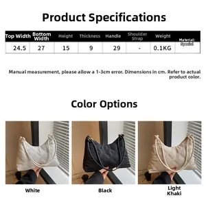Size chart for lightweight quilted shoulder bag showing dimensions and colors
