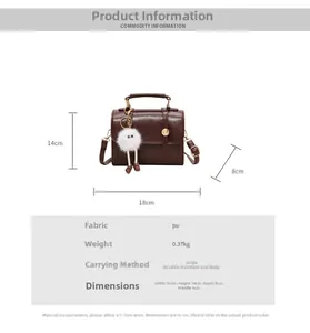 Detailed dimensions of coffee PU messenger bag with white pompom charm and strap