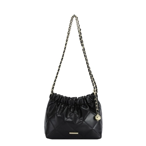 Fashionable black quilted shoulder bag with gold chain strap and drawstring detail