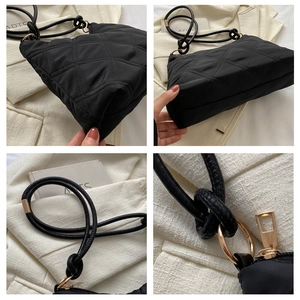 Detail shots of black quilted shoulder bag with knotted strap and gold hardware accents