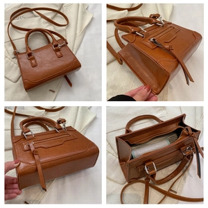 Brown retro tote bag detail with long tassels and silver hardware in four-view collage
