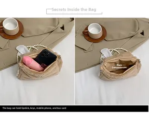 Detail view of khaki plush handbag interior capacity with pearl chain and silk bow decor