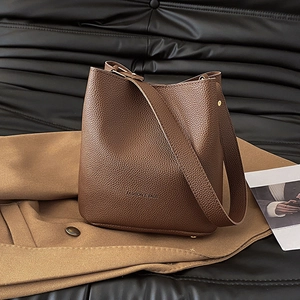 Vintage large capacity dark brown pebble leather bucket bag with wide shoulder strap