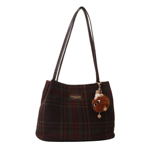 Vintage plaid wool tote bag with leather straps and a brown pompom charm decoration