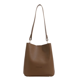 Brown leather bucket bag with lychee texture and Fashion & Bags print for women