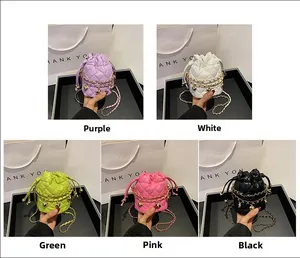 Detailed grid view of mini quilted bucket bags in five colors with gold chain straps